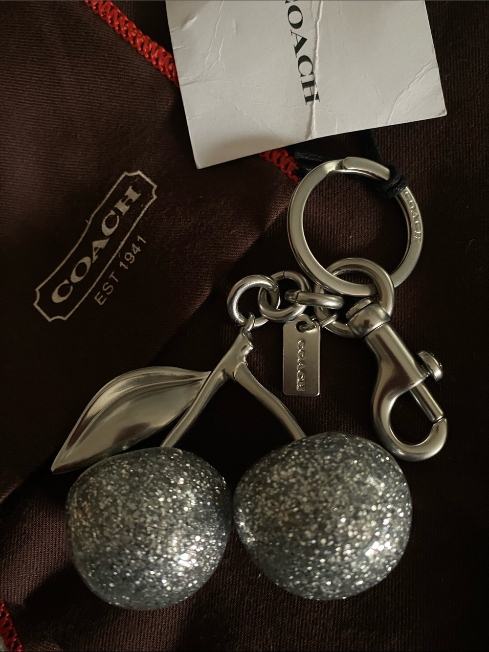 Coach Silver Glitter Cherry Key Fob